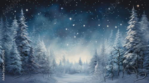 Illustration of a view of snowy mountains, with trees and a background of clusters of stars, at night. 
