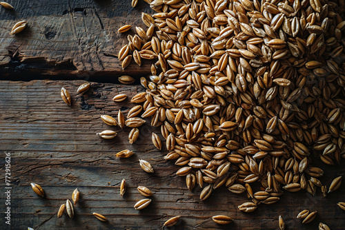 Top view of a handful of barley on wooden boards. Generated by artificial intelligence