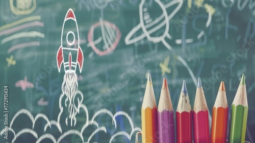 A set of multicolored pencils, neatly arranged in a row on a table in front of a chalk board, with drawings of a rocket and a planets. 