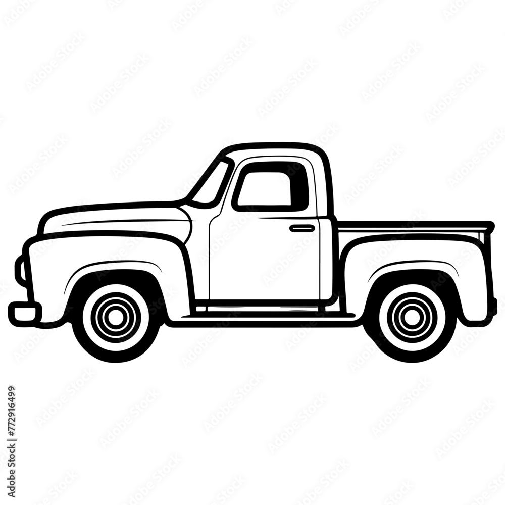 Pickup truck, simple vector svg illustration, black monoline, isolated on white background