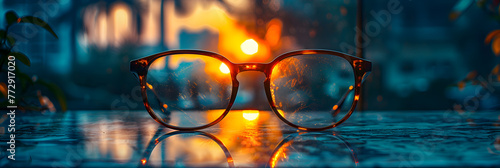 Glasses are on marble table with bokeh background, A pair of glasses are on the table 