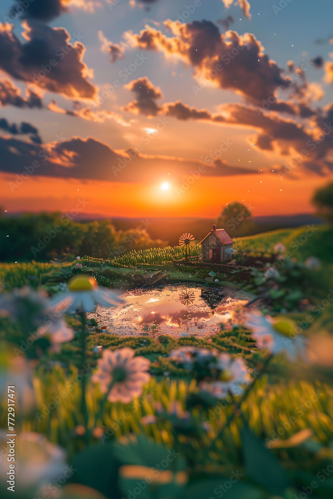 Artful representation of mesmerizing Sunset over Idyllic Farm scene created using handmade crafts