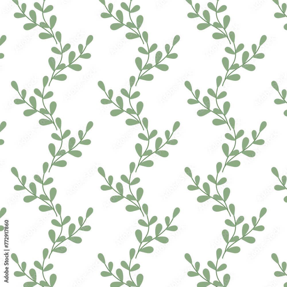 Background of green twigs. Floral pattern in flat style. 
Seamless pattern for textile, wrapping paper, background.	
