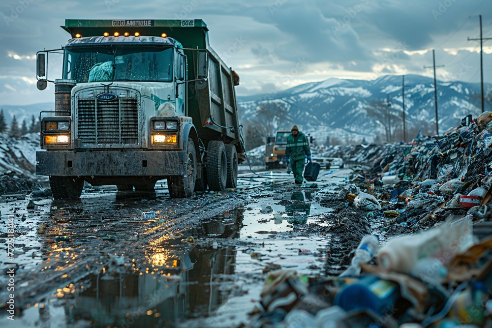 Winter's Waste A Dump Truck's Duty in the Snow Generative AI - obrazy, fototapety, plakaty 
