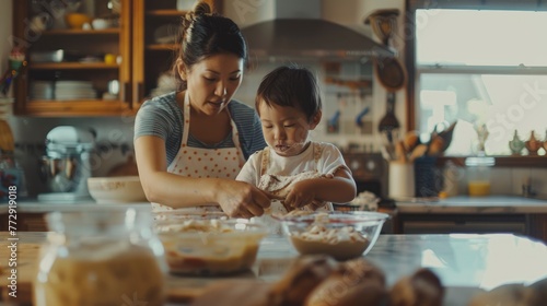 Mother and Child Baking Together in a Homely Kitchen