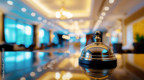 Service bell awaits guests at a luxurious hotel reception. The gleaming bell sits on a polished counter, with the opulent lobby exuding warmth and welcome in the soft focus background © Denniro