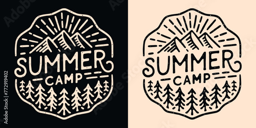 Summer camp lettering camper badge camping emblem. Mountain forest retro vintage aesthetic illustration. Outdoorsy quotes for matching friends school trip scout teacher logo shirt design print vector.