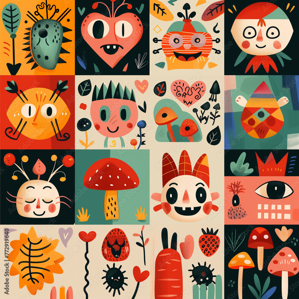 A grid of charming abstract characters with playful expressions, combining simple shapes and bright colors for a whimsical effect A grid of charming abstract characters with playful expressions, combining simple shapes and bright colors for a whimsical effect