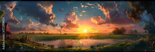 Artful representation of mesmerizing Sunset over Idyllic Farm scene created using handmade crafts