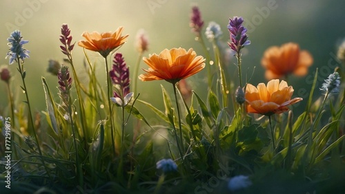 Tender and bright blurry colorful field flowers background. Morning light, mist and soft bokeh effect meadow wallpaper. Artistic summer spring floral botanical photography concept.
