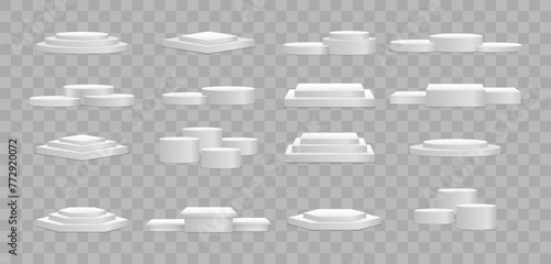 White 3d podium mockup in different shapes. Pedestal and platform, stand stage, cylinder. Template for promotional items. Round and square empty stages and podium stairs vector 3d