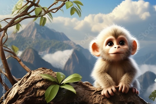 cute baby monkey sitting on top a tree with beautiful view background.  © Naila