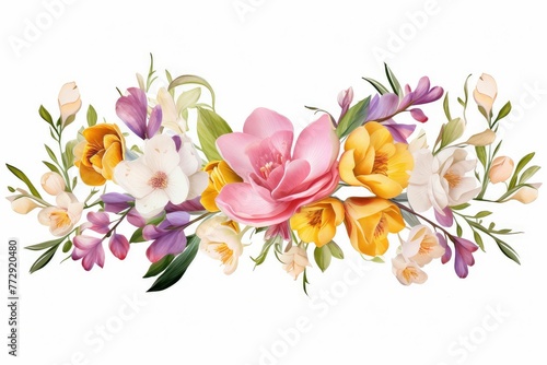 watercolor of freesia clipart with fragrant blooms in various colors. flowers frame, botanical border, floral illustration for wedding invitations, floristic, beauty salon. Tropical, spring blossom. photo