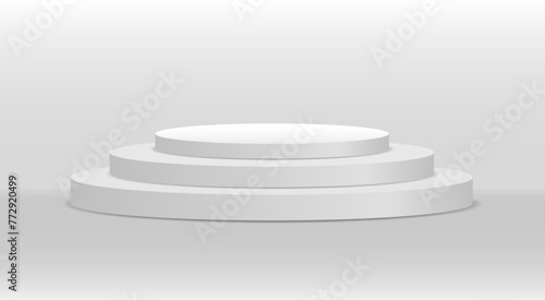 White 3d podium mockup in different shapes. Pedestal and platform, stand stage, cylinder. Template for promotional items. Round and square empty stages and podium stairs vector 3d