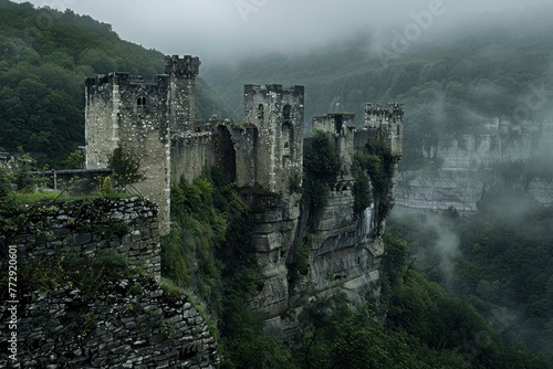 Mystical Ancient Castle Ruins Shrouded in Mist © Tungbackground