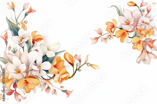 watercolor of freesia clipart with fragrant blooms in various colors. flowers frame  botanical border  floral illustration for wedding invitations  floristic  beauty salon. Tropical  spring blossom.