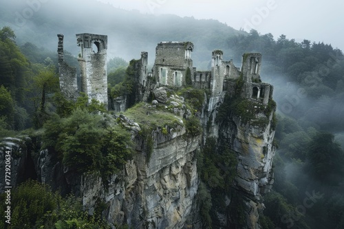 Mystical Ancient Castle Ruins Shrouded in Mist
