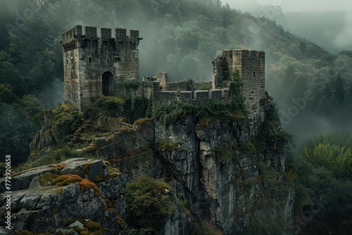 Mystical Ancient Castle Ruins Shrouded in Mist