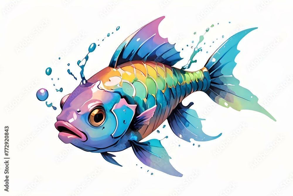 Fototapeta premium Vibrant Splash Fish. A vividly colored fish illustration, perfect for aquatic themes and dynamic designs, isolated for versatile use.