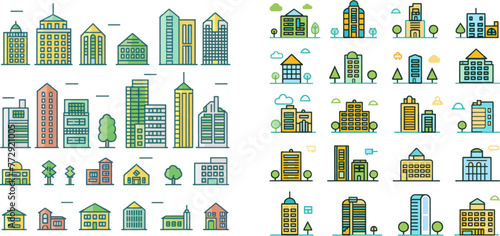 Urban architecture. Residential and municipal buildings linear pictograms pack