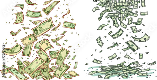 Wealth money denominations rain, falling dollar bills and abundance raining cash dollars flying photo