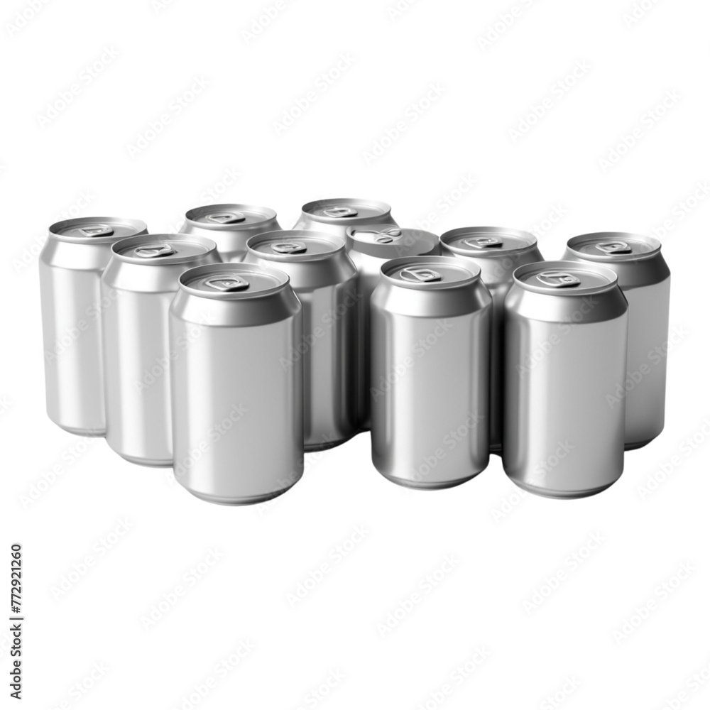 a silver metal tin cans and clear bottles on Isolated transparent background png. generated with AI a silver metal tin cans and clear bottles on Isolated transparent background png. generated with AI