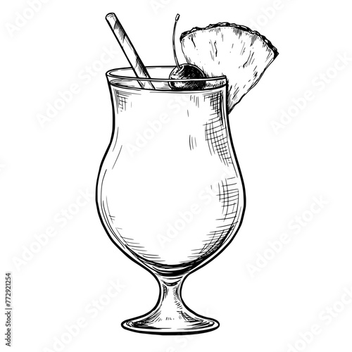 Pina colada cocktail vintage vector sketch drawing