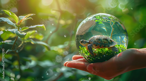 glass globe with a turtle inside it, Earth Day or World Wildlife Day concept. Save our planet, protect green nature and endangered species, biological diversity theme photo