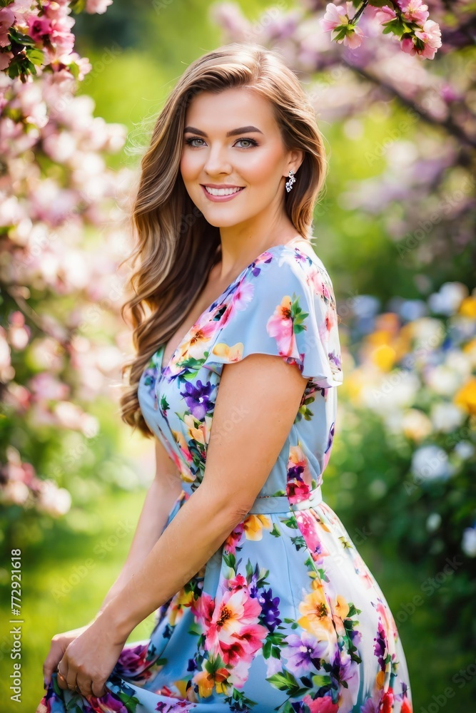 Beautiful young smiling woman stay in a floral print dress in a spring blooming garden. Generative AI Beautiful young smiling woman stay in a floral print dress in a spring blooming garden. Generative AI