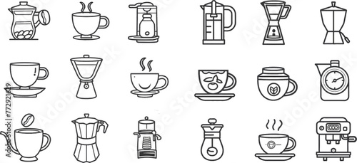 Hot drink cup, nature coffee beans and cafe outline pictogram photo