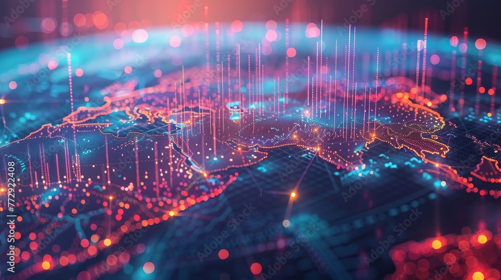 A colorful, abstract image of a globe with lines and dots all over it. The image has a futuristic and technological vibe, with the colors and patterns giving it a sense of movement and energy A colorful, abstract image of a globe with lines and dots all over it. The image has a futuristic and technological vibe, with the colors and patterns giving it a sense of movement and energy