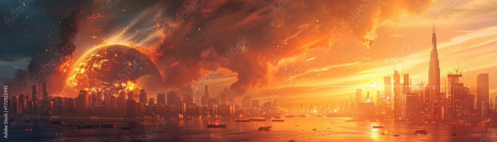 Solar flares impacting a futuristic metropolis during a daytime heatwave - obrazy, fototapety, plakaty 