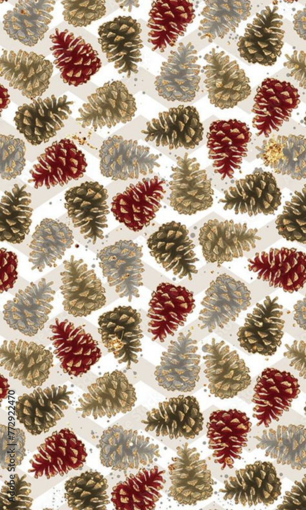 seam pattern with pine cones and leaves
