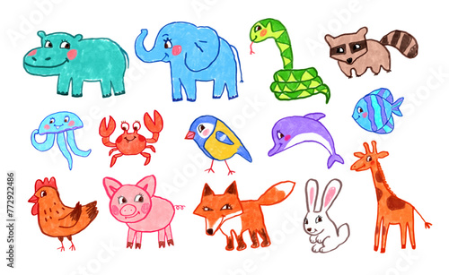 Felt pen vector colorful illustration collection of child drawings of cute animals © Sonya illustration