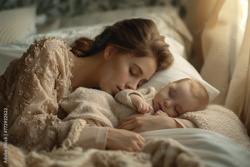 Young pretty mother lying in bed putting her newborn baby to sleep, soft warm lighting Young pretty mother lying in bed putting her newborn baby to sleep, soft warm lighting