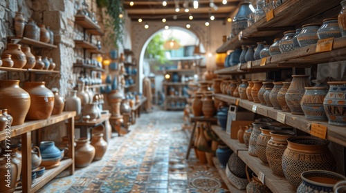 A store with many vases and bowls on shelves. The store is filled with different colors and shapes of pottery