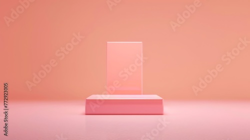 Minimalist coral pink podium with clear rectangular showcase against a matching background  Concept of modern display and product presentation