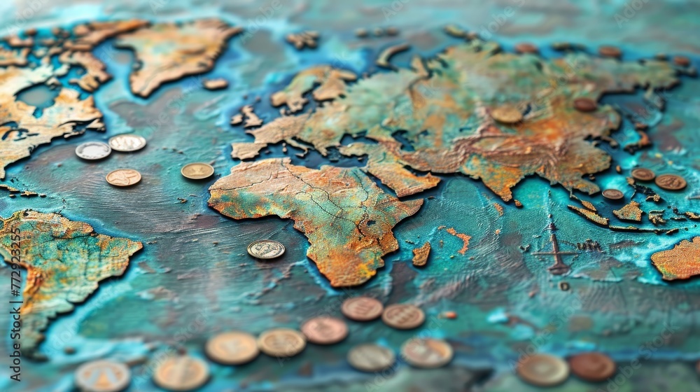 A map of the world with coins scattered across it. The coins are of different sizes and colors, and they are placed in various locations on the map. Concept of exploration and discovery A map of the world with coins scattered across it. The coins are of different sizes and colors, and they are placed in various locations on the map. Concept of exploration and discovery