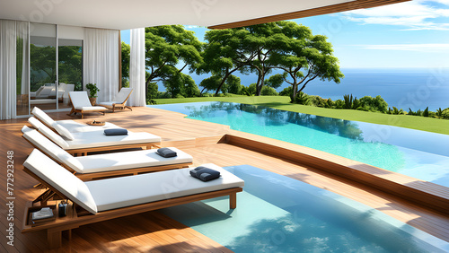 The swimming pool in the villa hotel, with rest beds placed next to the swimming pool, luxurious leisure life  © StellarK