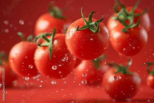 Cherry tomatoes with water droplets suspended in mid-air © Jakraphong