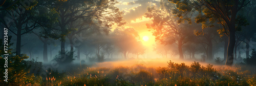 Mysterious alien planet in the forest with fog, Sunset in the pine forest sunrise in the woods sunlight through the trees 
