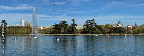 Panoramic view of the city of Madrid (Spain), from the Casa de Campo lake.