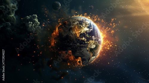 Fototapeta Naklejka Na Ścianę i Meble -  The earth bursts with fire as global warming causes the climate to change, space view of the world burning.