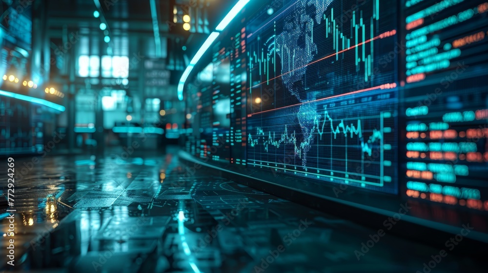 A computer screen shows a graph of a stock market. The numbers are all over the screen, and the colors are bright and bold. Scene is intense and focused A computer screen shows a graph of a stock market. The numbers are all over the screen, and the colors are bright and bold. Scene is intense and focused