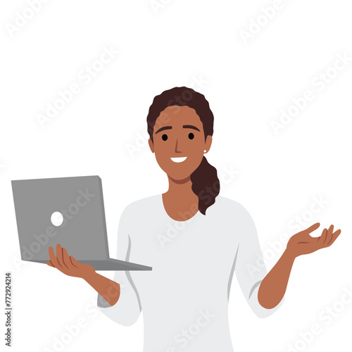 Young black woman using laptop computer showing. Flat vector illustration isolated on white background