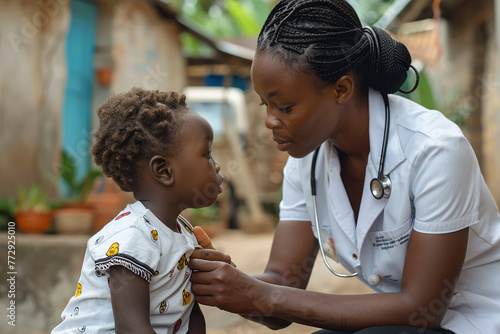 African-American nurse cares for African child in Africa 