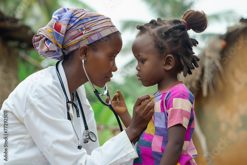 African-American nurse in a headscarf attends to an African child in an African village. photo