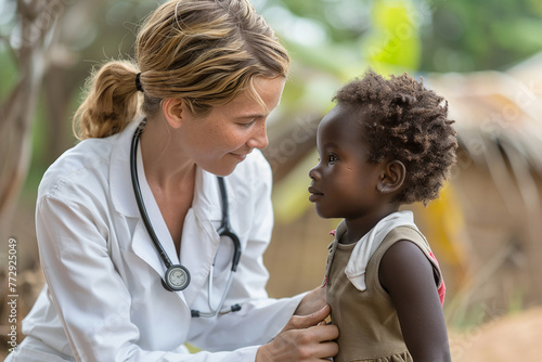 Caucasian doctor heals African children in African villages.