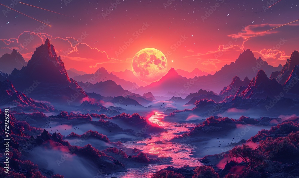 Moonlit Mountains A Pink and Purple Sunset Generative AI