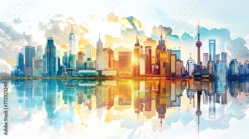 A city skyline is reflected in a body of water. The reflection is a mix of the city and the water, creating a sense of depth and perspective. The colors of the buildings and the water are vibrant